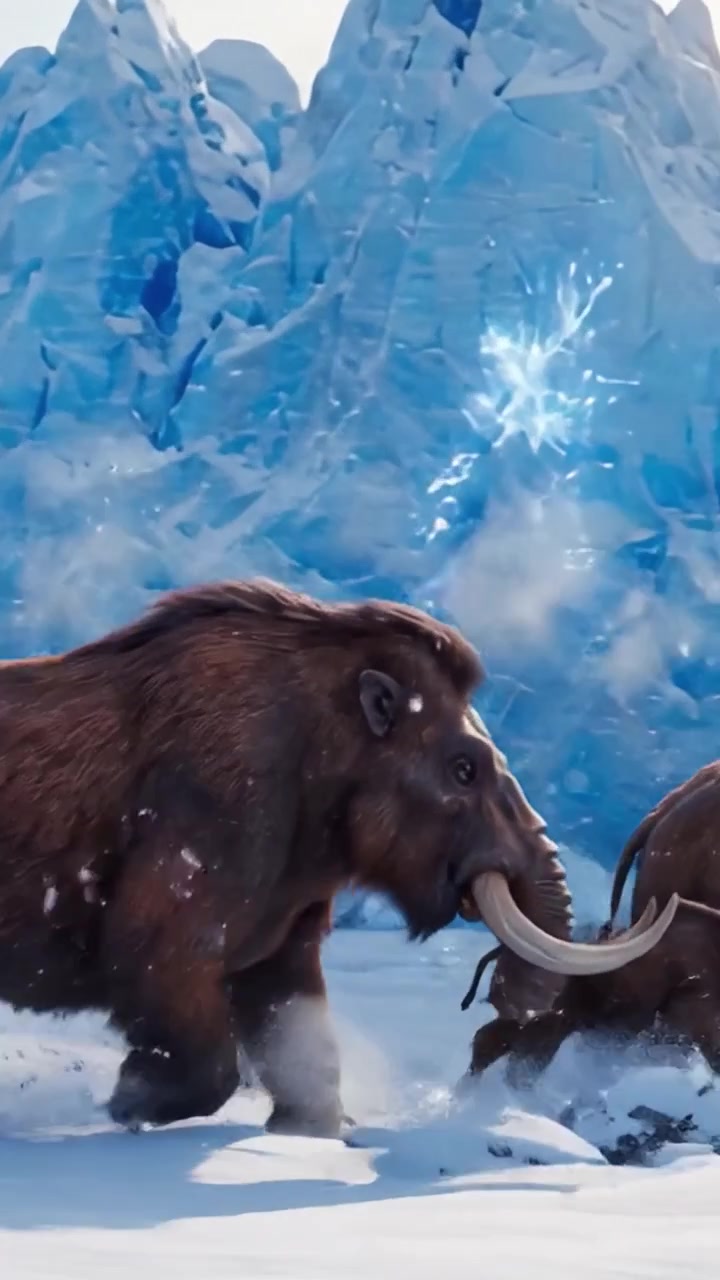 A majestic woolly mammoth and its young frolic in a snowy landscape amidst towering ice formations, capturing the beauty of a prehistoric world in vivid detail.