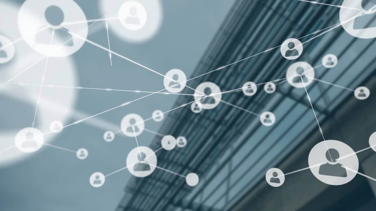 Network of connections and user icons animation over modern building background