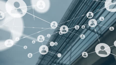 network of connections and user icons animation over modern building background