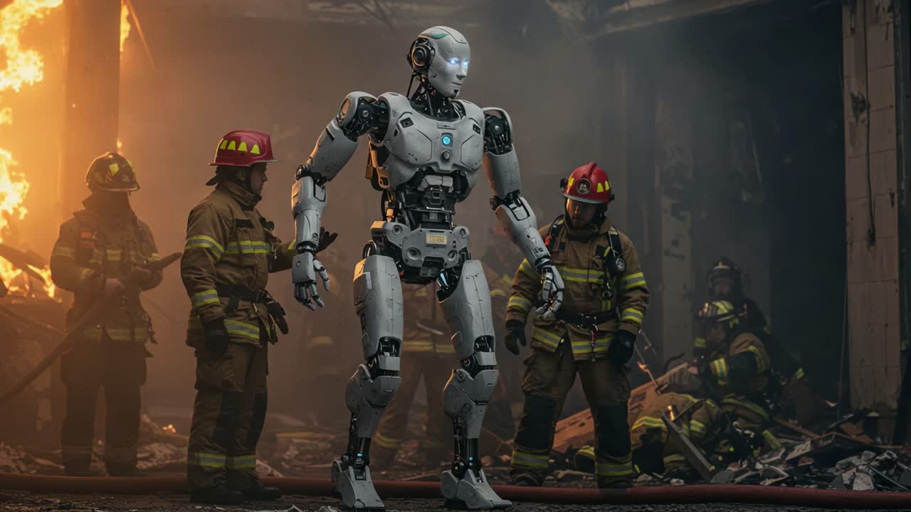 A futuristic depiction showcases a humanoid robot standing confidently amidst a team of firefighters, symbolizing innovation in emergency response at a blazing fire scene