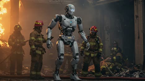 a futuristic depiction showcases a humanoid robot standing confidently amidst a team of firefighters, symbolizing innovation in emergency response at a blazing fire scene