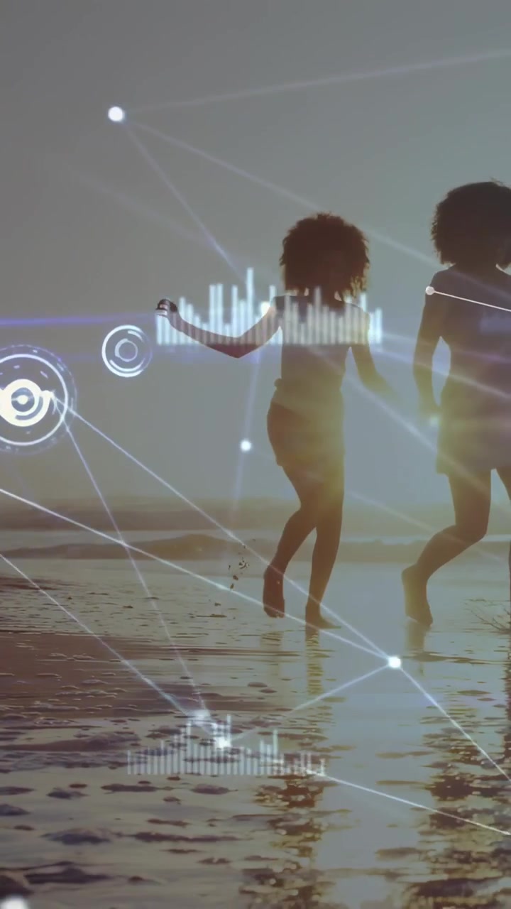 Vertical video: Mom two kids entering holding hands, walking skipping on beach, tech lines crossing