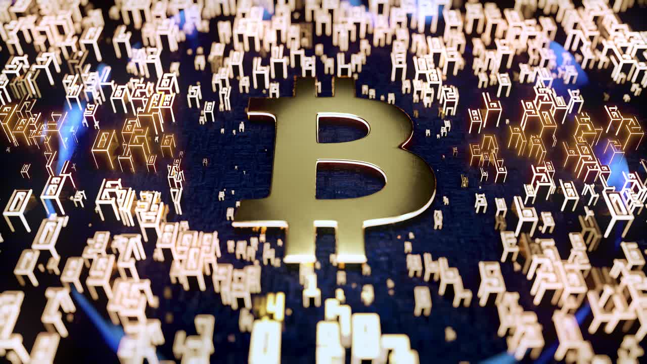 3d renderización de bucle de movimiento de la moneda digital dorada bitcoins con fondo de números aleatorios.