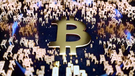 3d rendering motion looping of the golden digital currency bitcoins with randomizing number background.