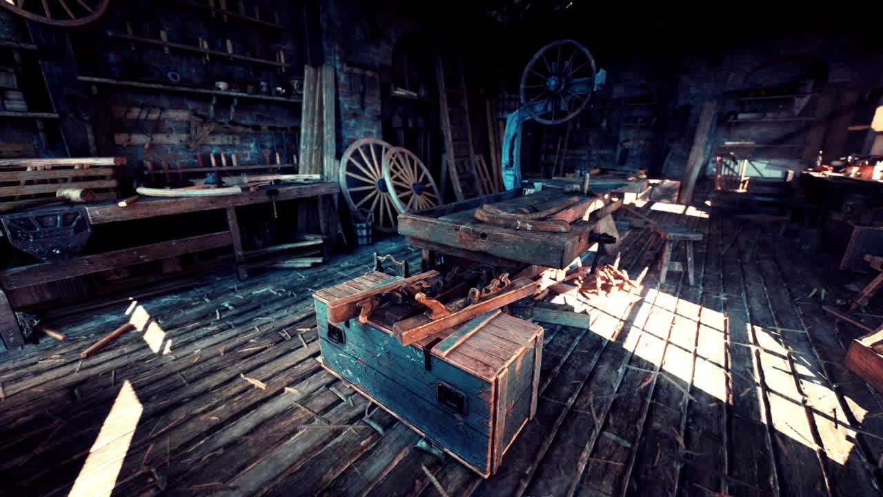 Esplorando un vecchio laboratorio di falegnameria pieno di attrezzi antichi e manufatti in legno.