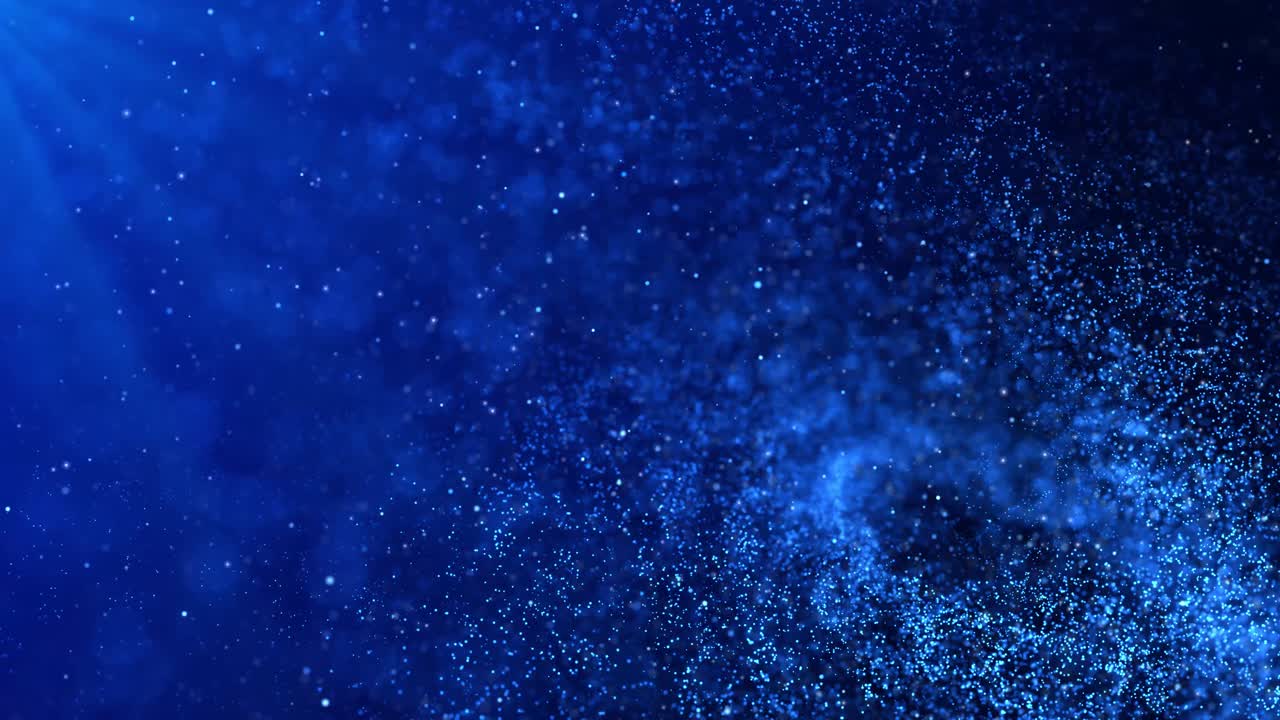 Particelle di polvere organiche naturali blu 4K che fluttuano su sfondo nero, particelle di polvere dinamiche e casuali.