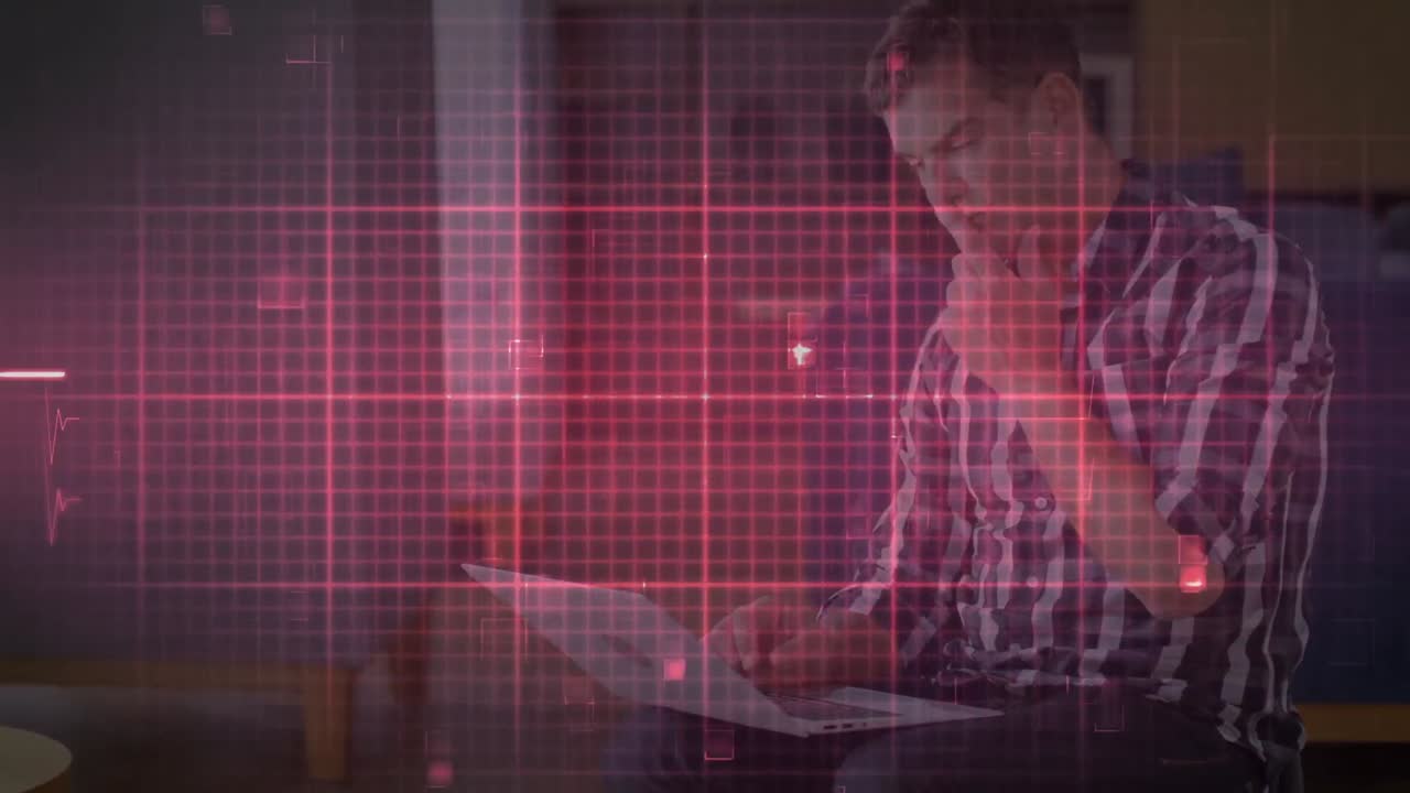 Animation of lifeline over men using laptop