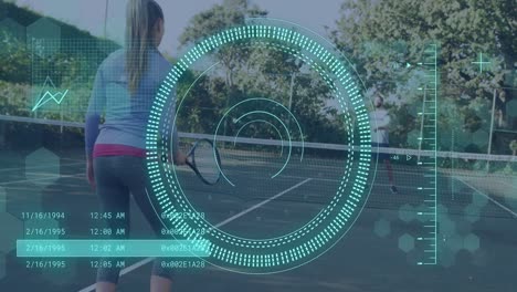 Animation-Des-Scope-Scannens-Und-Der-Datenverarbeitung-über-Einem-Kaukasischen-Paar,-Das-Tennis-Spielt