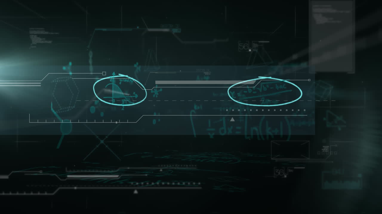 Animation of data and mathematical equations floating on black background