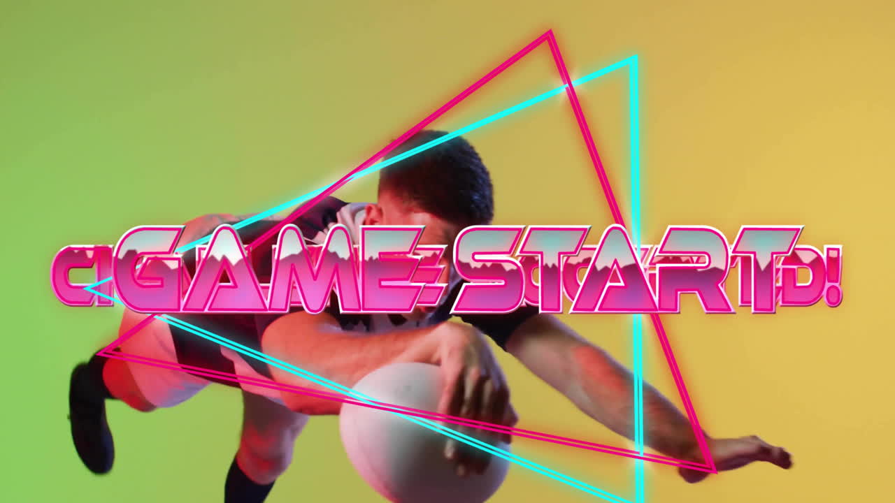 animación del comienzo del juego sobre jugador de rugby caucásico masculino en fondo amarillo