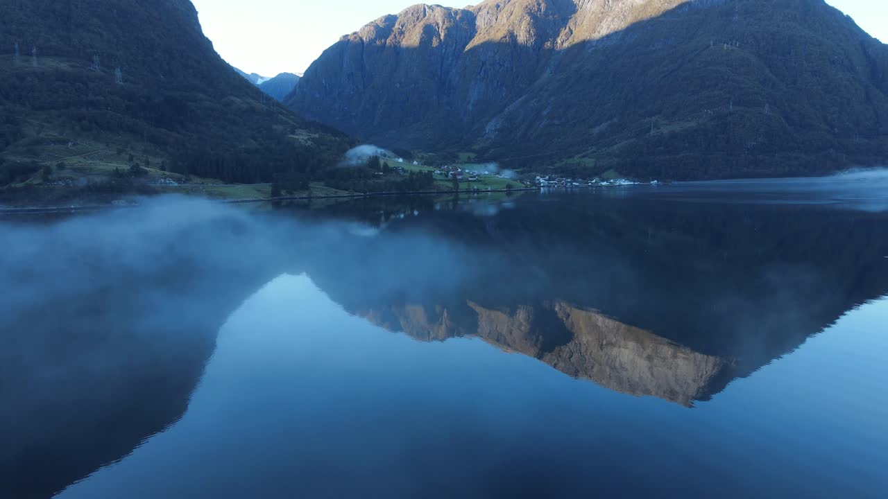 Hardanger fjord at early September morning. Drone footage