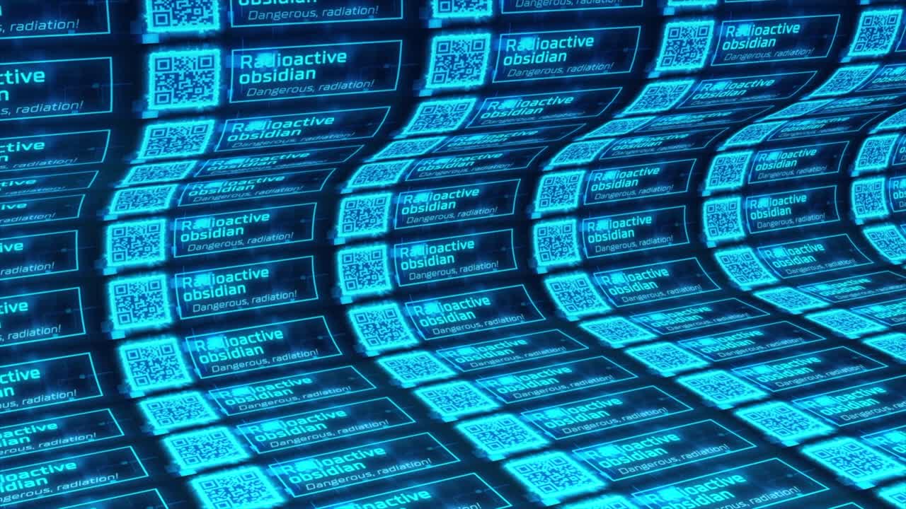 Abstract bended dark blue texture with radioactive warning and qr codes. Motion. Information of infected dangerous area, seamless loop
