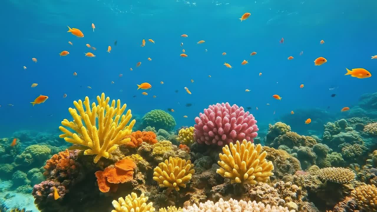 Vibrante scena sottomarina di barriera corallina da un'angolazione bassa, perfetta per un video sulla natura
