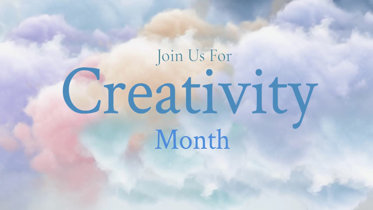 animación de únete a nosotros para el texto del mes de la creatividad en letras azules sobre nubes