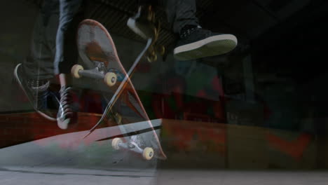 animación de las piernas de un patinador sobre otro patinador saltando en el fondo