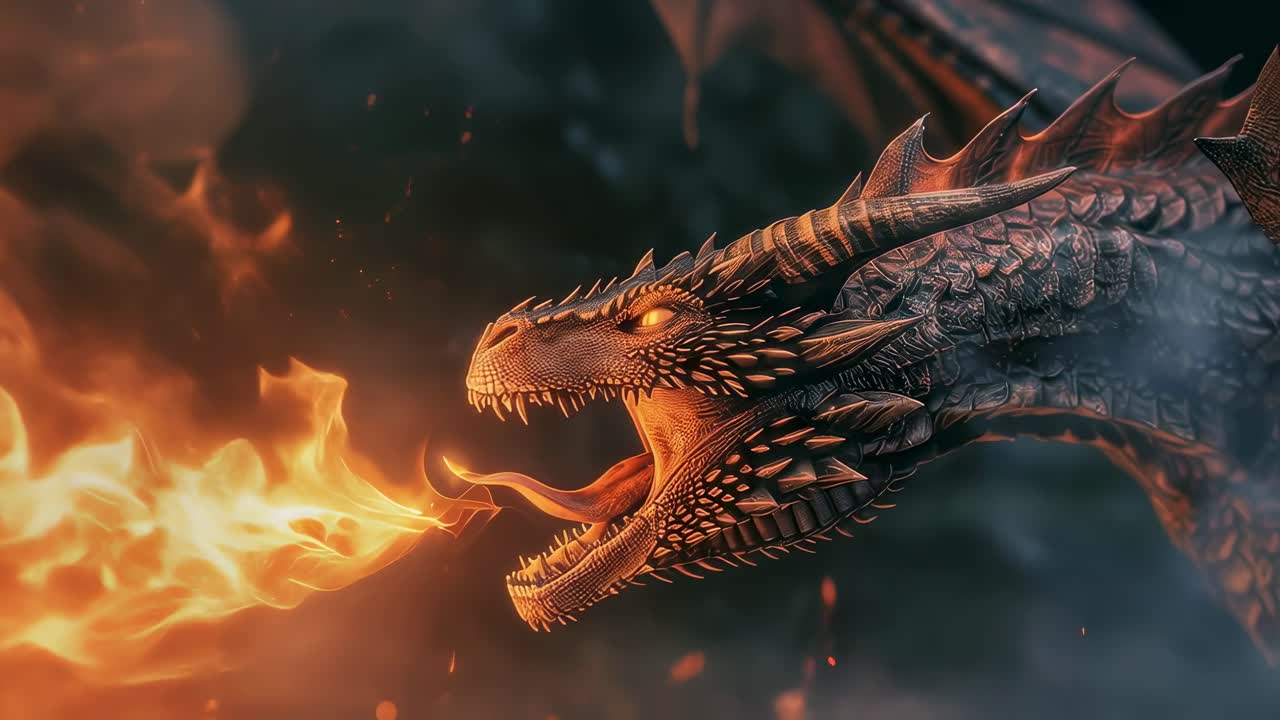 Powerful dragon breathing flames and smoke, revealing intricate scales, razor sharp teeth, and piercing glowing eyes against menacing dark atmospheric backdrop