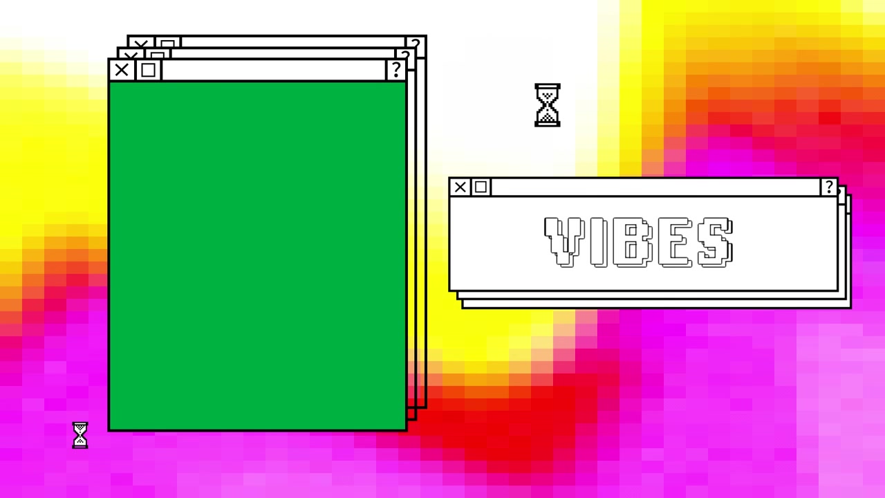Animazione di finestre dello schermo del computer e testo "vibes" su sfondo colorato