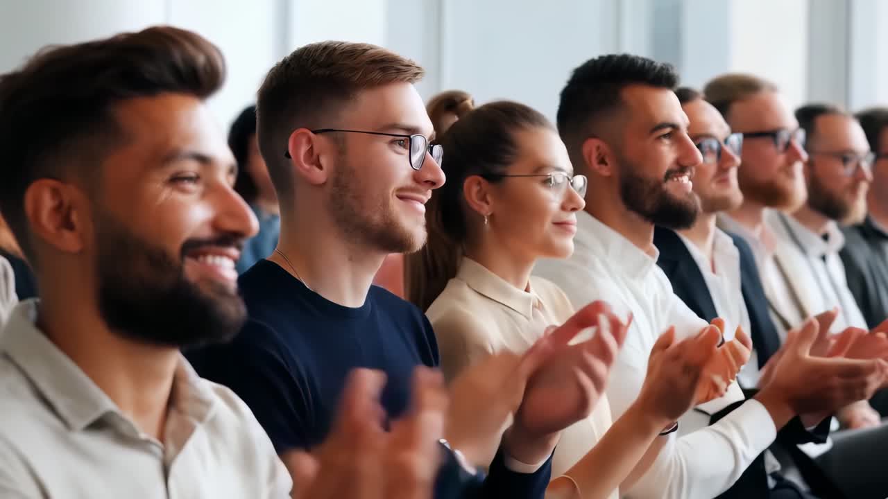 A group of people are clapping and smiling at a presentation