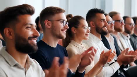 a group of people are clapping and smiling at a presentation