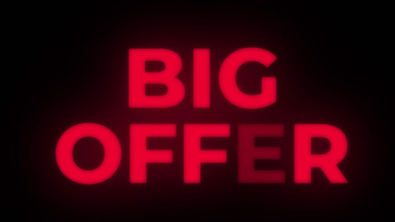 Big offer text blinking flickering neon red sign promotional loop background sale discounts deals