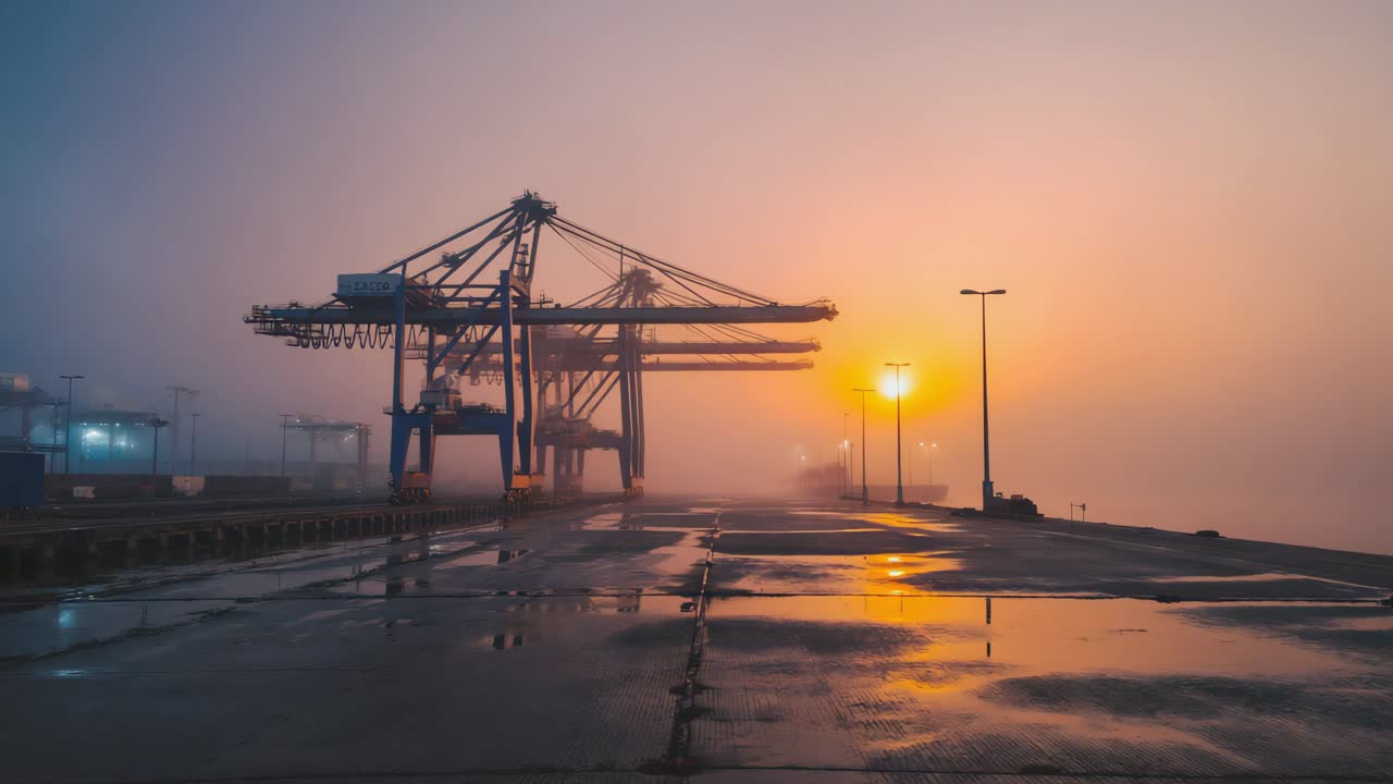 Sunrise at the Industrial Port with Cranes and Fog