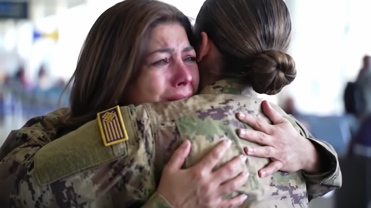 Emotional Reunion: A Soldier and Loved One Share Tears of Joy and Longing in a Heartfelt Embrace at the Airport, Capturing the Essence of Homecoming and Sacrifice