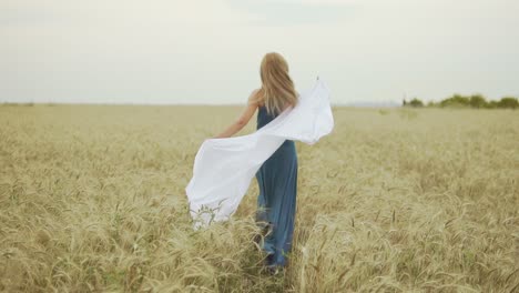 back view of attractive young woman in a long blue dress running through golden wheat field holding a shawl in her hands. the