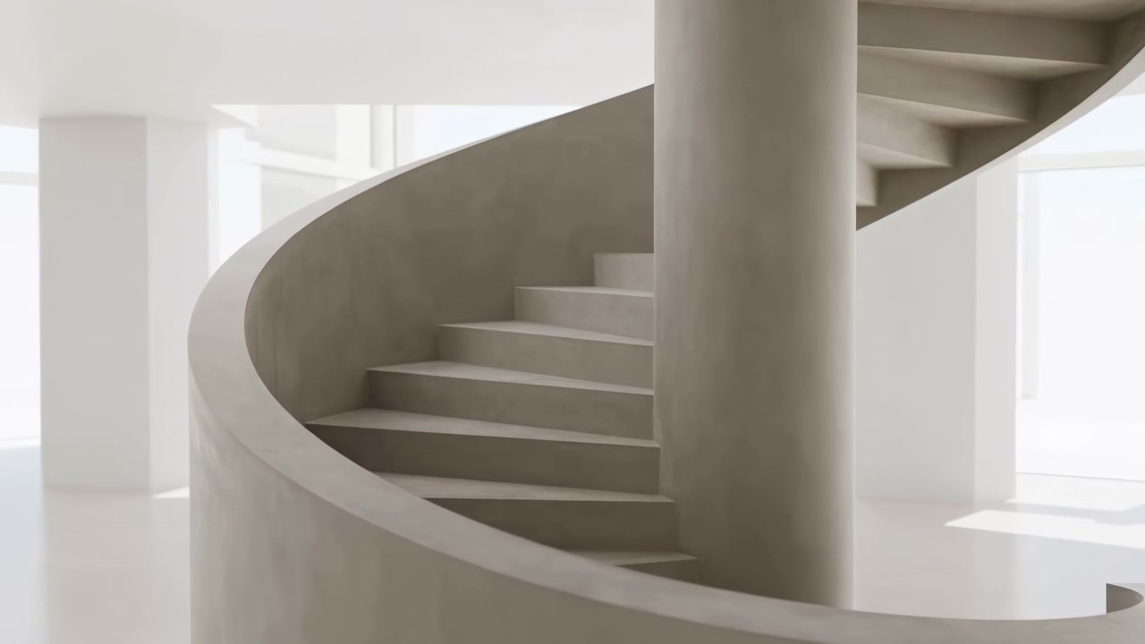 A circular staircase is observed in a minimalist modern interior space, featuring concrete and glass columns and stairs. The neutral perspective highlights the clean lines and neutral tones.