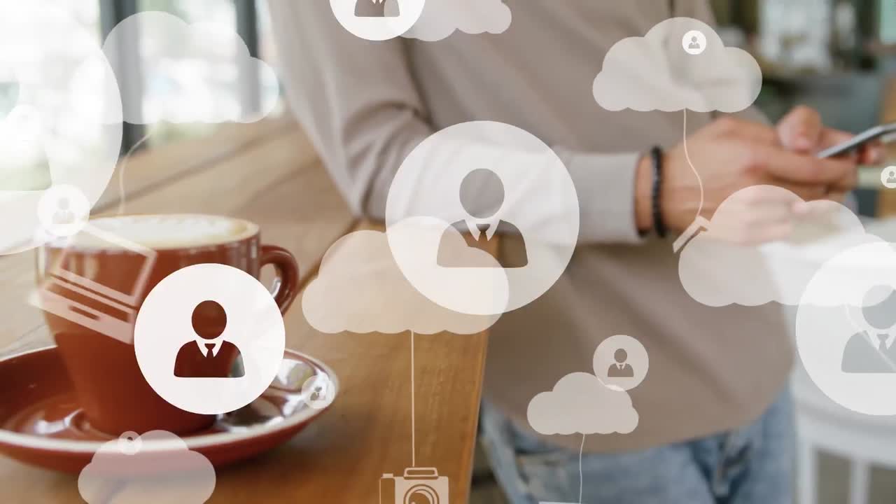 animación de iconos digitales sobre el hombre usando un teléfono inteligente