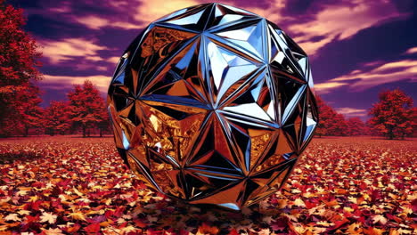 metallic faceted sphere in a surreal autumn landscape