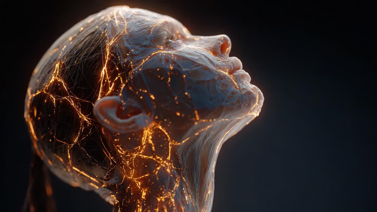 Un ritratto etereo di una figura femminile resiliente, che incarna l'intersezione tra tecnologia e umanità con linee di luce radiose che danzano sui suoi contorni