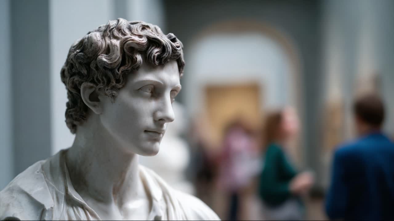 Et imponerende nærbilde av en klassisk marmorskulptur som viser intrikate detaljer av hår og ansiktstrekk på et kunstgalleri blant museumsbesøkende