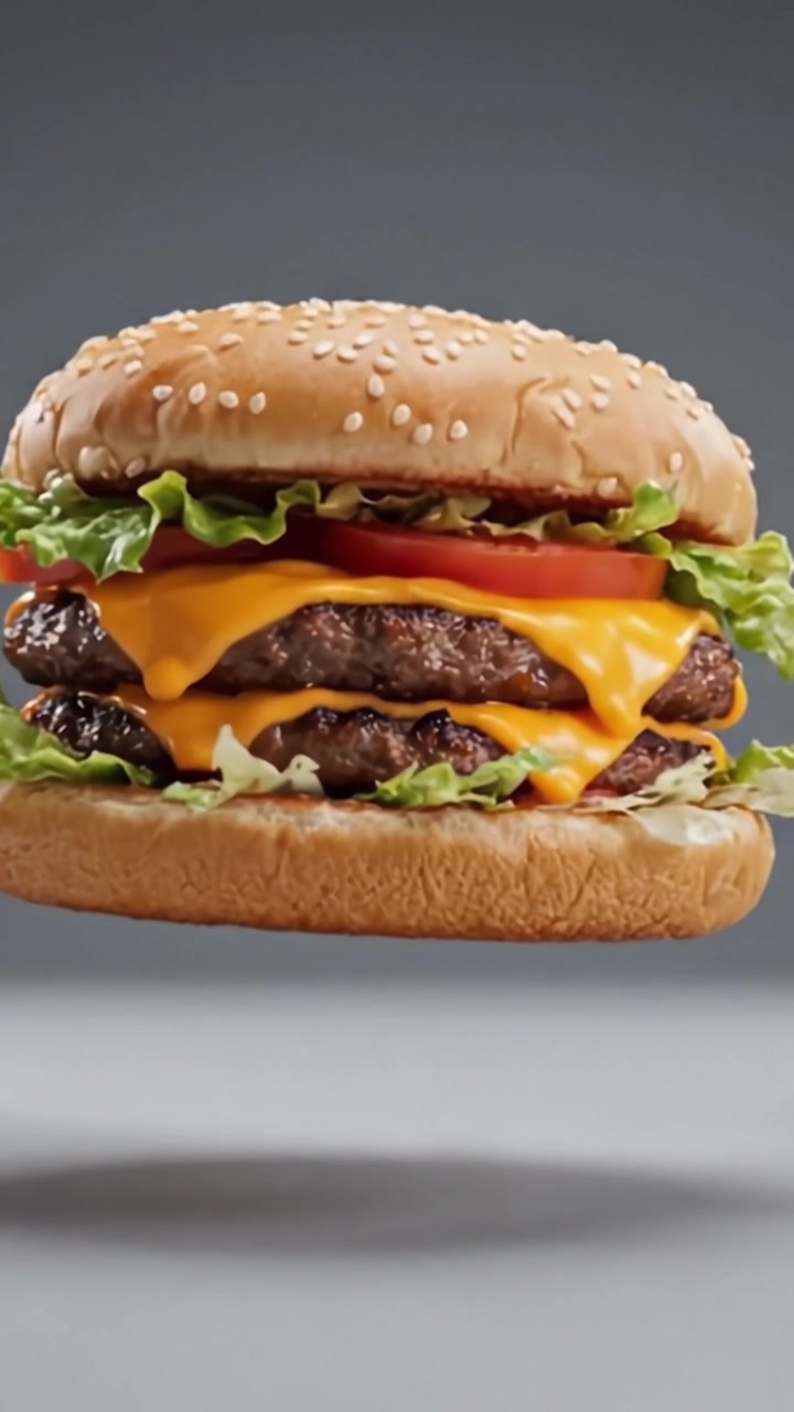 Un Invitante Hamburger Fluttuante con Succulenti Polpette, Formaggio Fuso, Lattuga Croccante e Pomodoro Fresco, Perfettamente Catturato in una Splendida Configurazione Visiva 3D