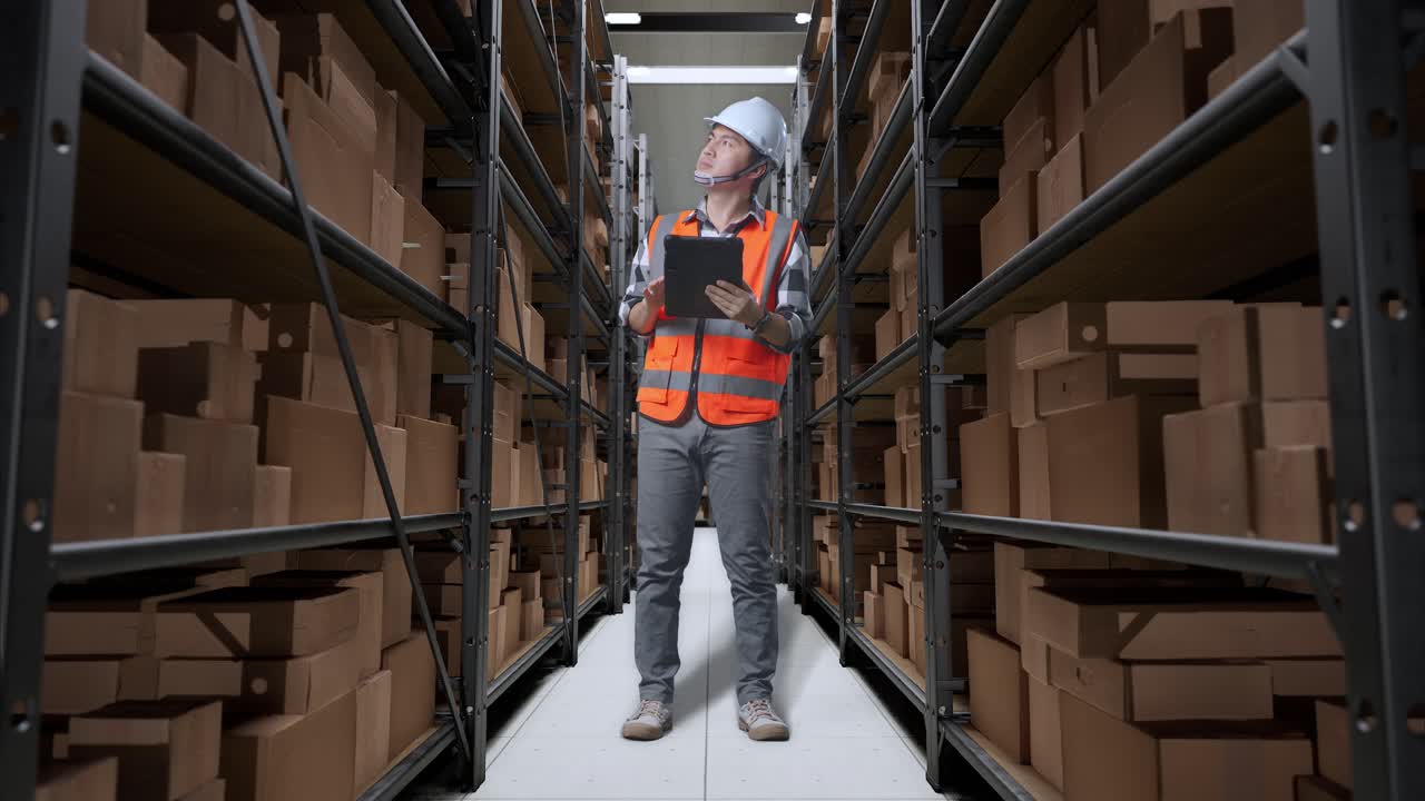 cuerpo lleno de ingeniero masculino asiático con casco de seguridad mirando la tableta en su mano y mirando a su alrededor mientras estaba de pie en el almacén con estantes llenos de bienes de entrega