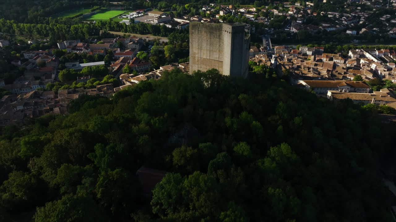 Tower of Crest by drone, a town in the Dr&ocirc;me, region of Auvergne-Rh&ocirc;ne-Alpes, France