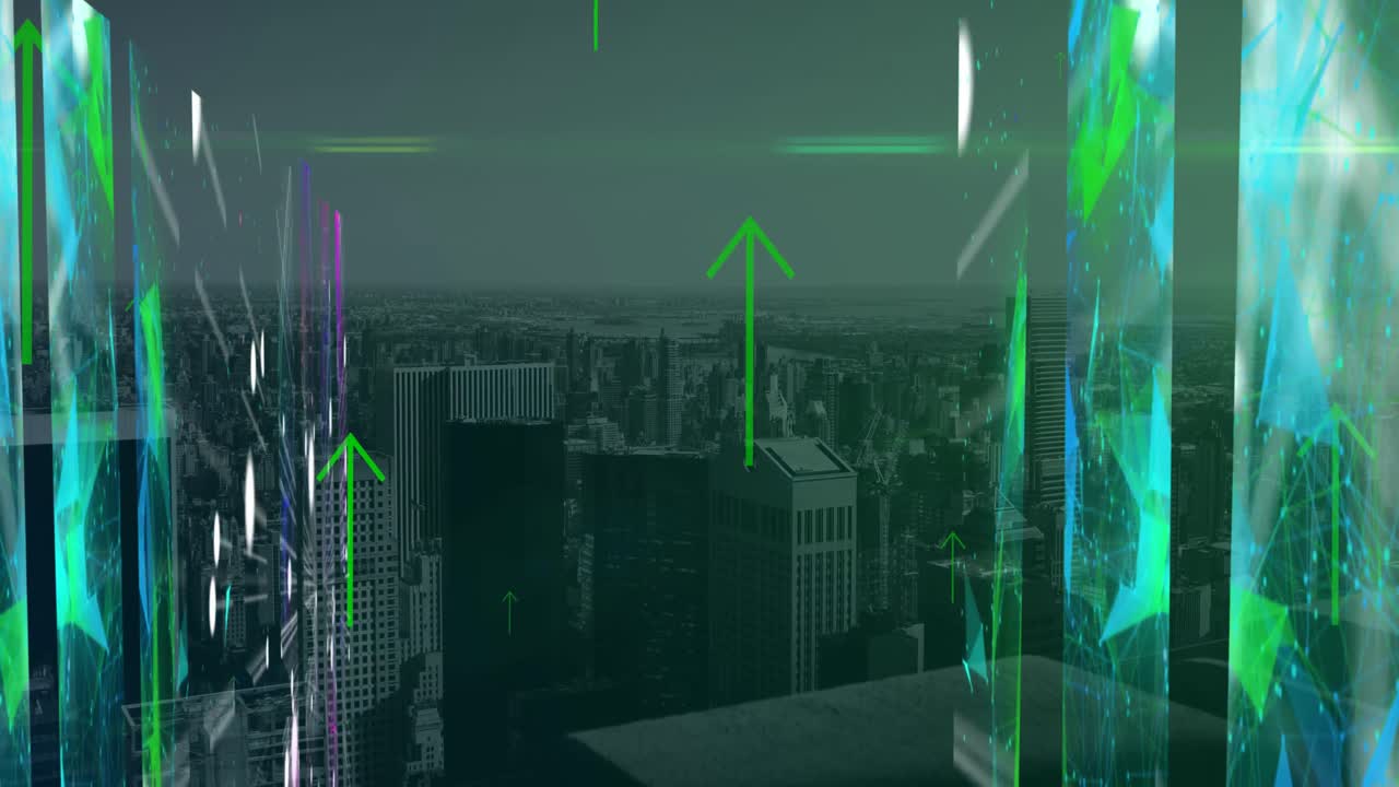 도시 풍경 위의 아이콘과 함께 화면과 화살표의 애니메이션