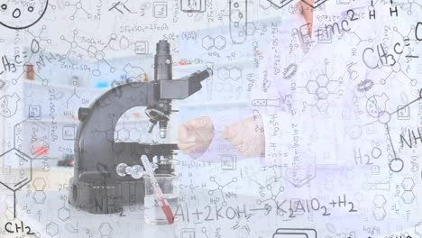 animation of mathematical equations and chemical icons over caucasian woman using microscope