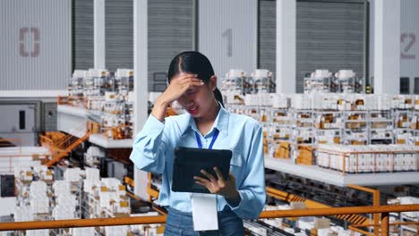 an asian business woman not satisfied and shakes her head while using tablet in the warehouse