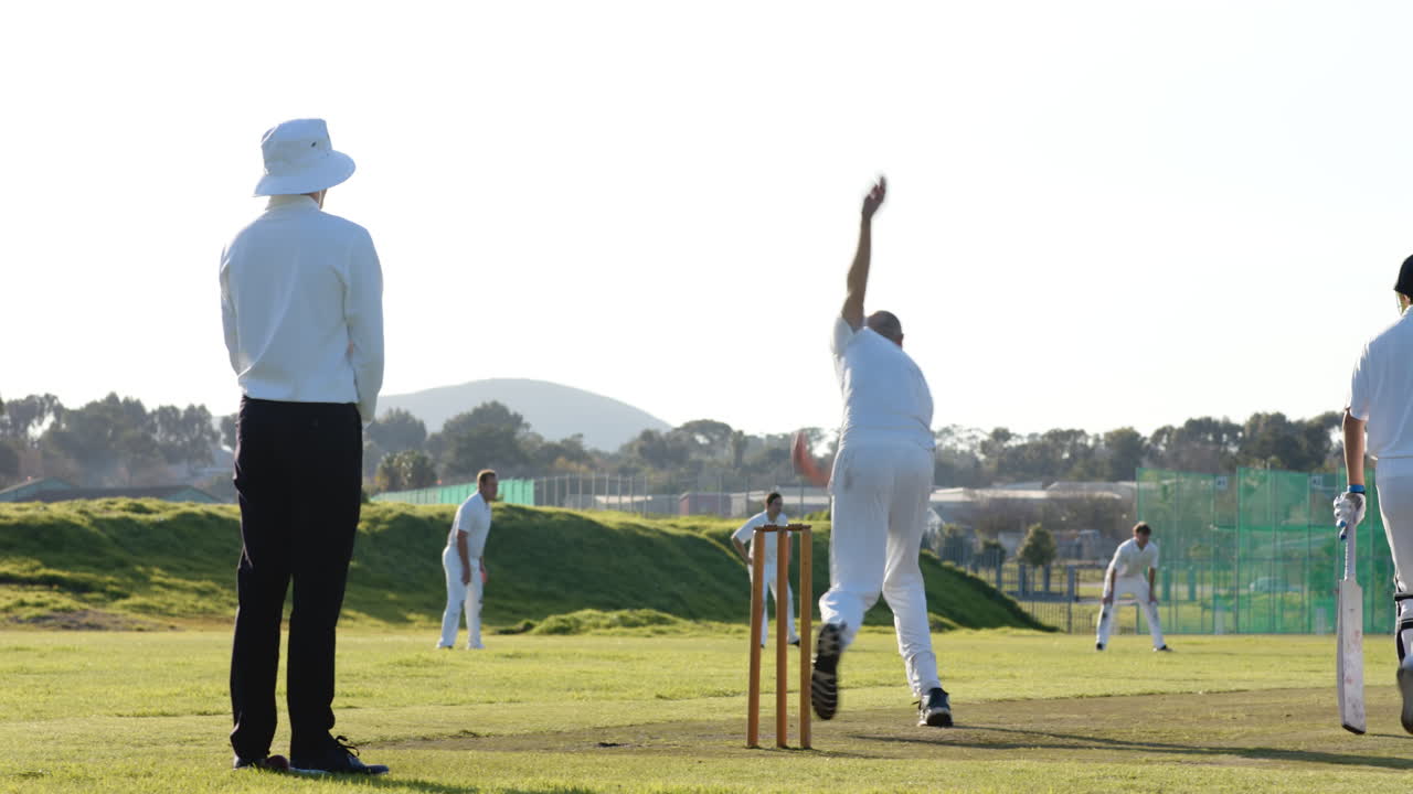 Two teams of multiracial male cricket players and male umpire playing cricket on pitch, copy space