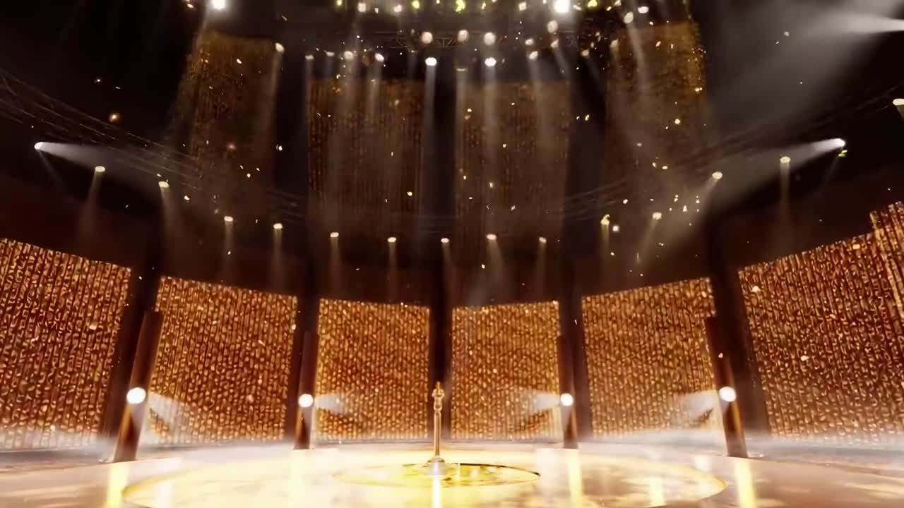 Un vídeo de gran angular de un escenario dorado con luces en cascada, creando un ambiente glamuroso.