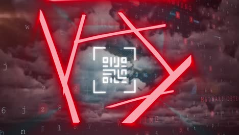escáner de código qr con elementos de neón contra el procesamiento de datos de seguridad cibernética