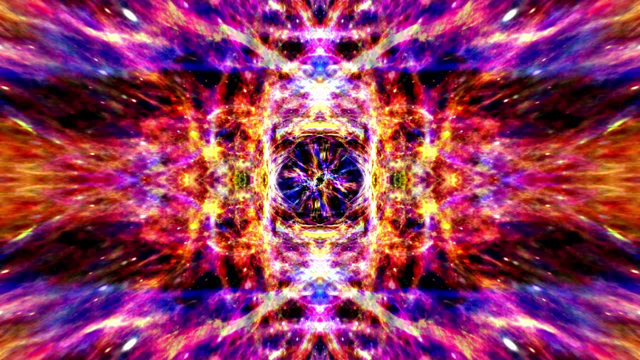 fondo abstracto brillante. 4k 3d animación bucle brillar patrones de caleidoscopio. oro naranja púrpura patrones mágicos azules, ornamento vivo fractal con curvas de segmento de rotación en fondo negro. bucle vj.