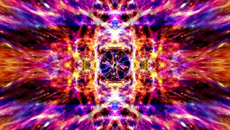 glowing abstract background. 4k 3d animation loop shine kaleidoscope patterns. gold orange purple blue magic patterns, fractal live ornament with rotation segment curves on black background. vj loop.