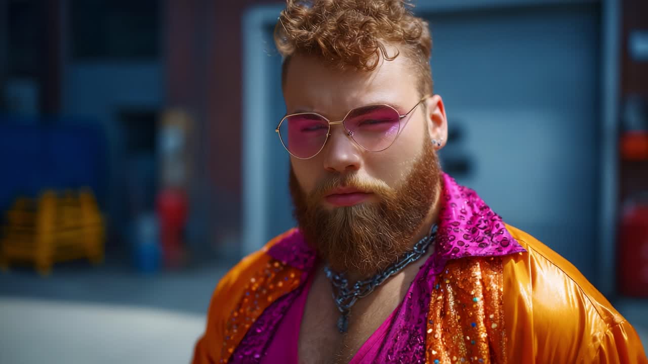 Un uomo sicuro di sé con abiti vivaci, barba folta e accessori alla moda posa con un outfit colorato in un ambiente urbano con illuminazione intensa