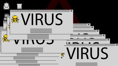 animación digital de múltiples pestañas con icono de cráneo y texto de virus contra la interfaz digital de la computadora