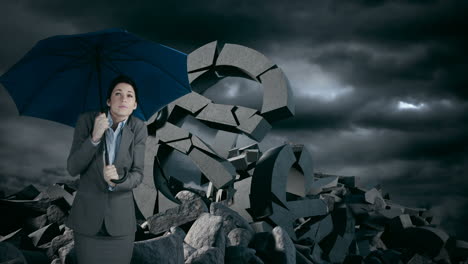 businesswoman with umbrella standing against euro sing under stormy clouds