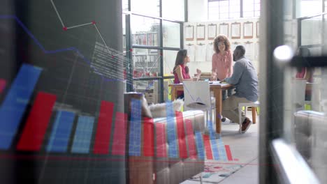 graph and data processing over diverse colleagues discussing at office meeting