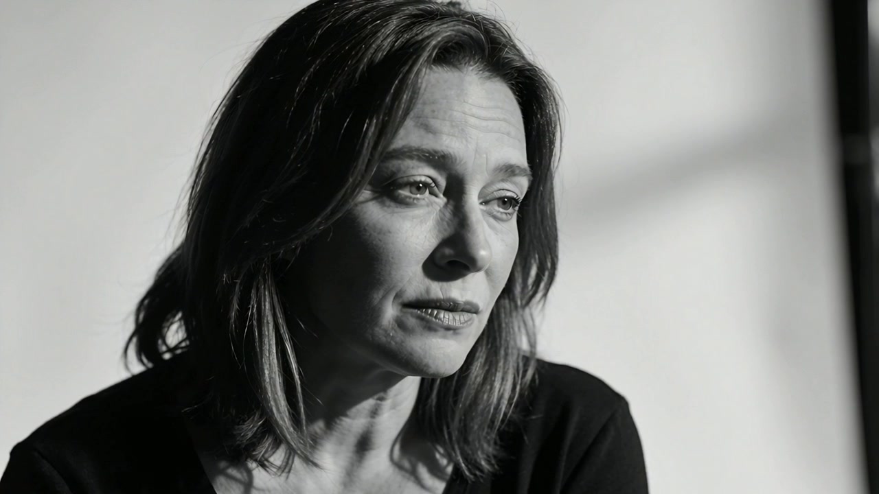 Camera rolling, middle-aged woman shifting gaze, blinking and listening at studio, with shadow band