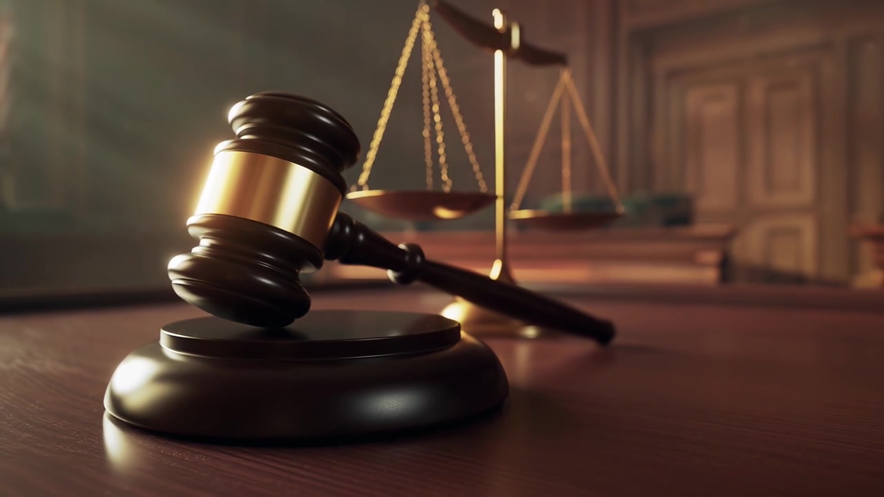 Martello del giudice e bilancia della giustizia su un tavolo di legno in aula di tribunale