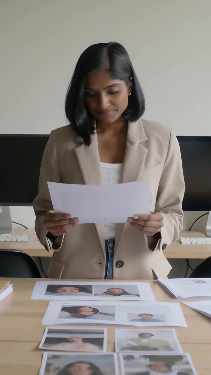 Video verticale: Leggendo un foglio, donna in blazer beige che esamina foto sulla scrivania, selezionando per l'assunzione